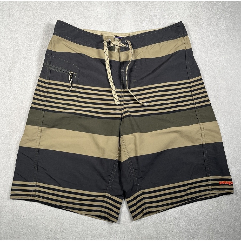 Patagonia Wavefarer Board Shorts Mens 31 Striped Swim Trunks Tan Black Green